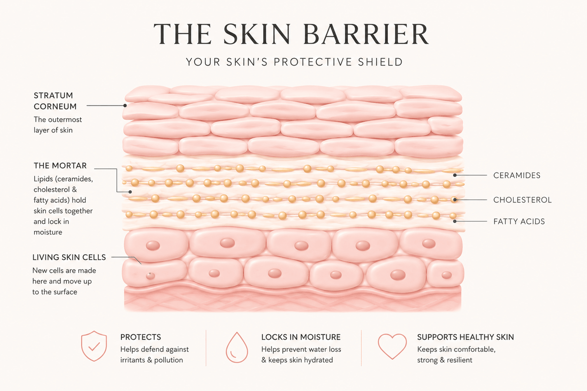 Skin barrier diagram showing the stratum corneum, ceramides and cholesterol that help protect skin and retain moisture.