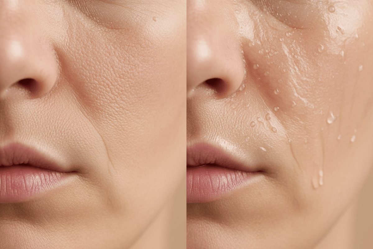 dry skin versus dehydrated skin image side of face split in two to show difference