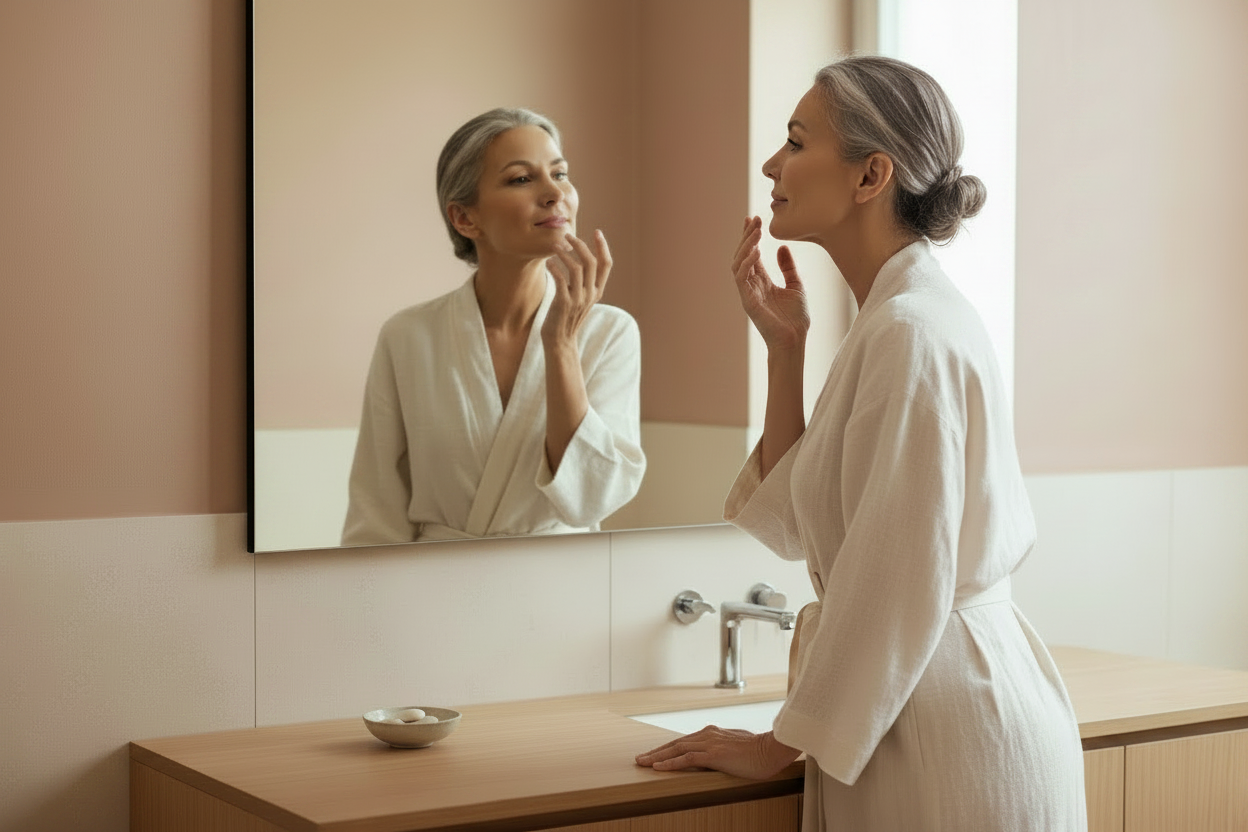Middle-aged woman with glowing, cared-for skin