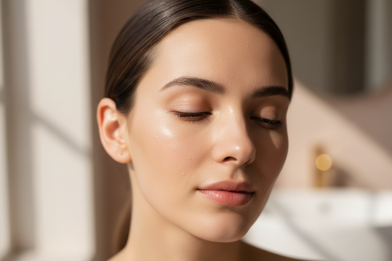 Close-up of healthy skin with clean skincare ingredients