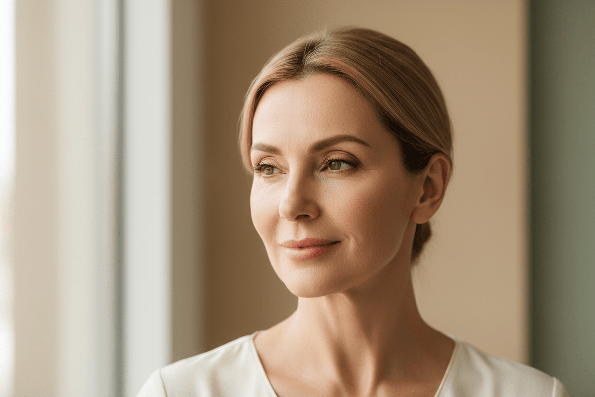Menopause and skin changes, middle aged women showing her aged skin