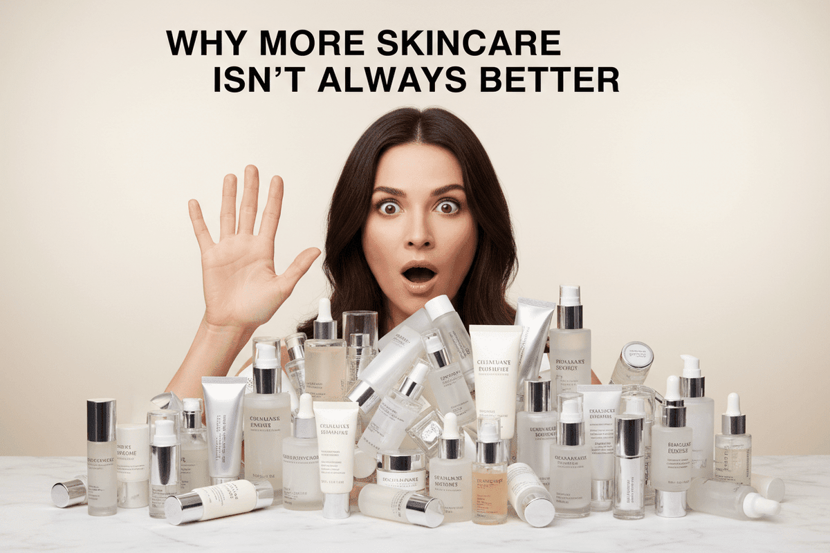 women with too many skincare products in front of her