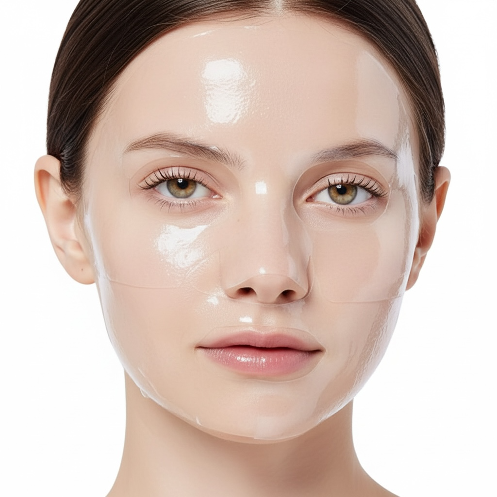 Woman wearing Celulah Restore Mask hydrogel sheet mask on face, cooling collagen treatment for dehydrated skin