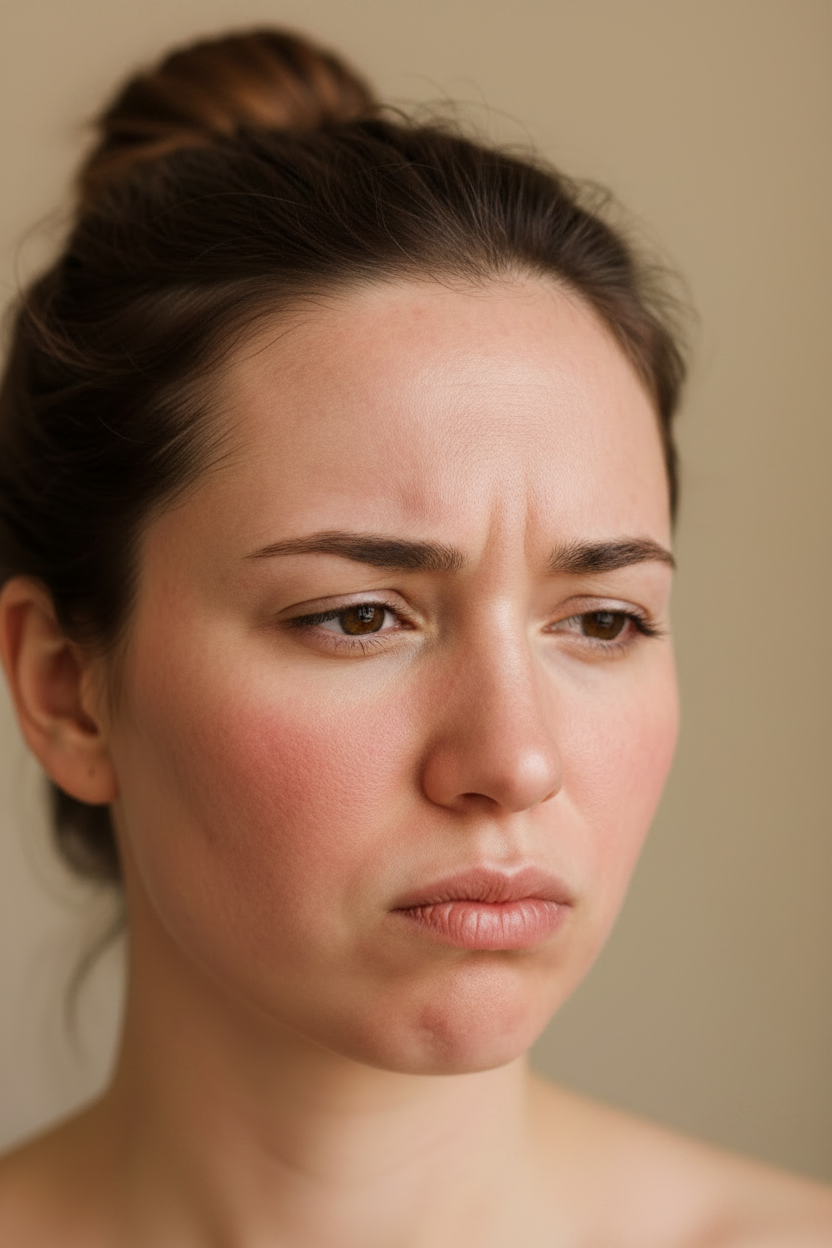 Woman touching her face with a sensitive, reactive skin expression