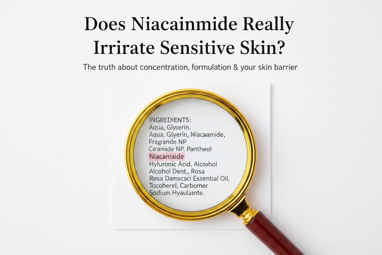 Skincare ingredient list highlighting niacinamide for sensitive skin