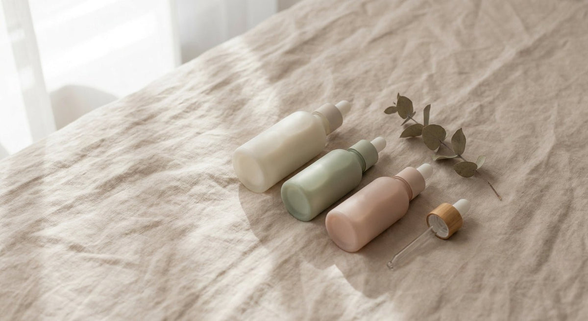 A flat lay of skincare serums and moisturiser bottles arranged in a gentle sequence on a soft linen surface.