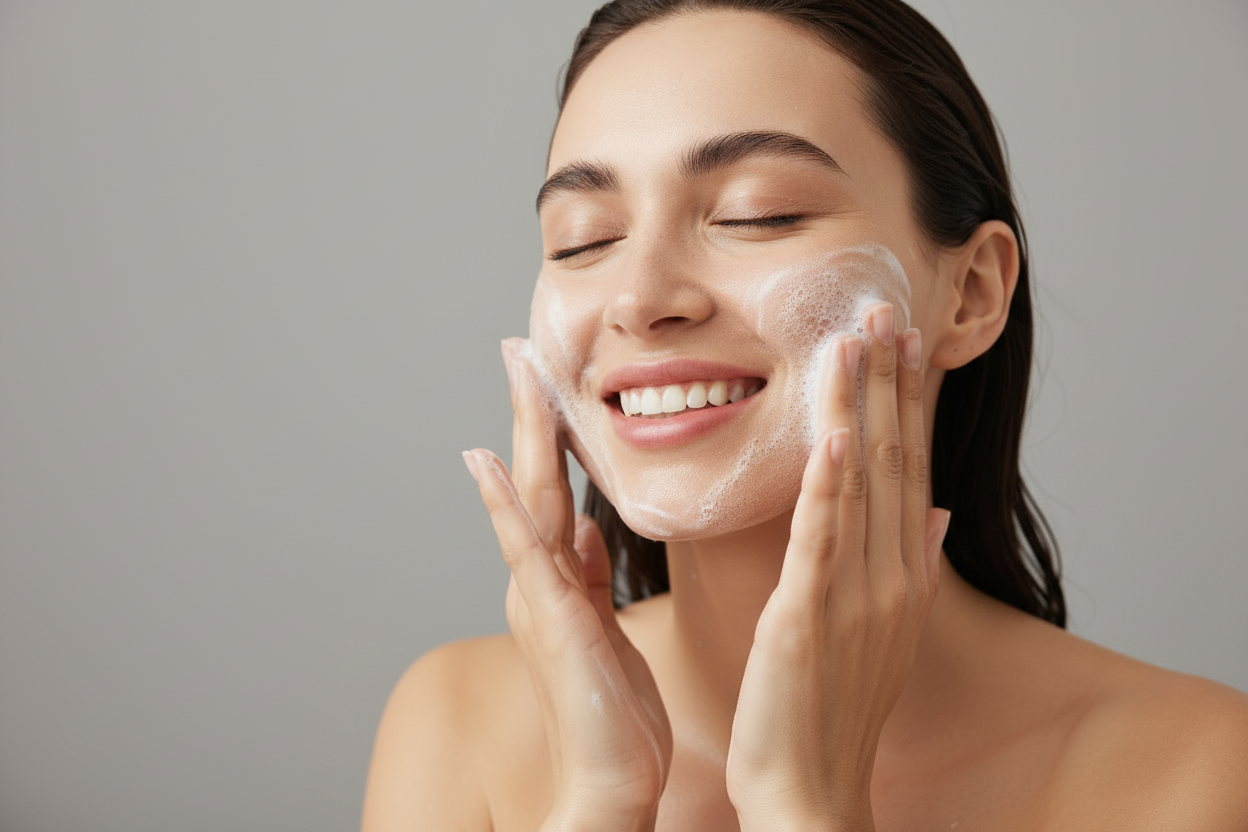 Woman applying cleanser gently to sensitive skin