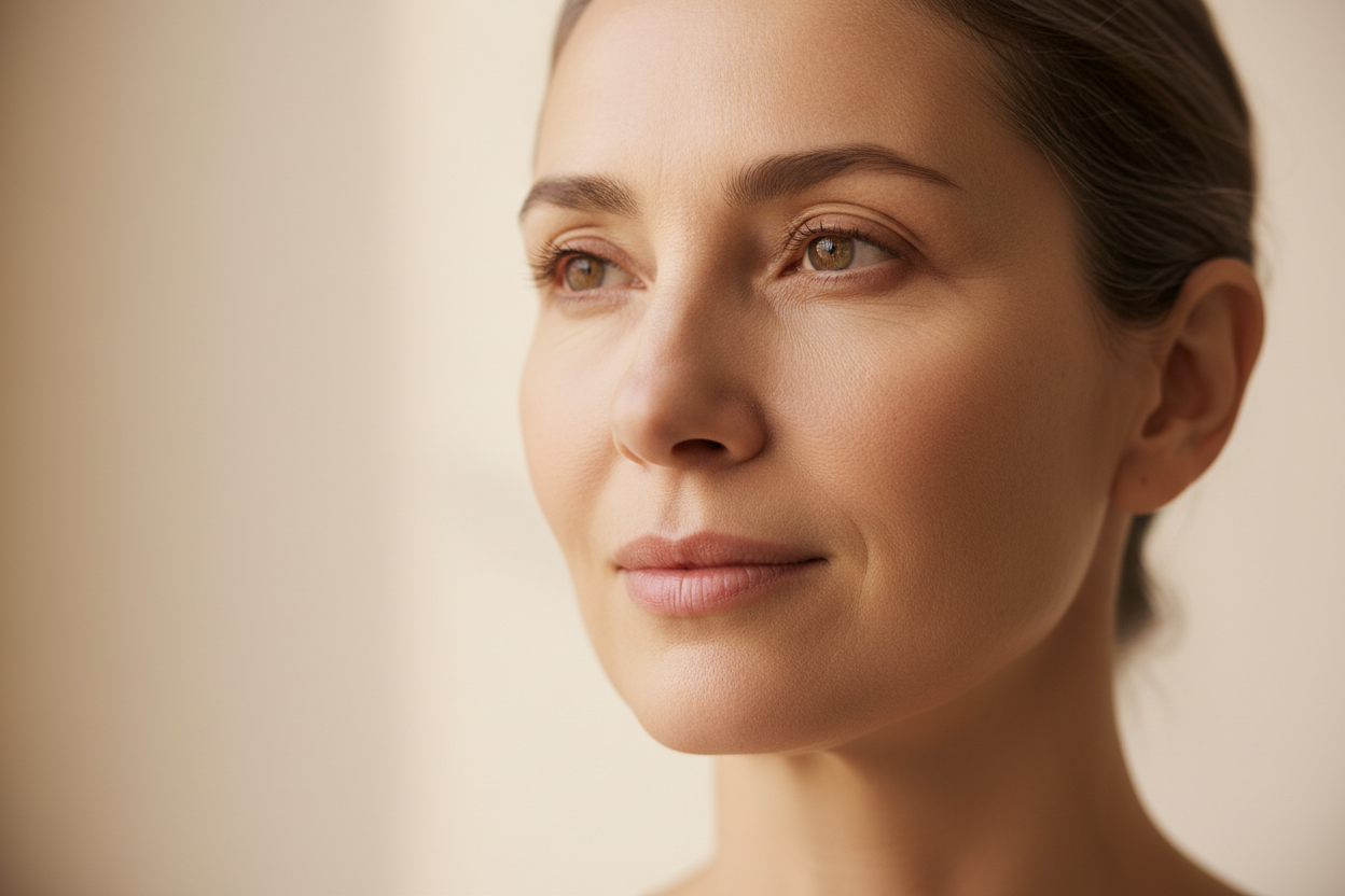 Woman examining skin texture and signs of ageing