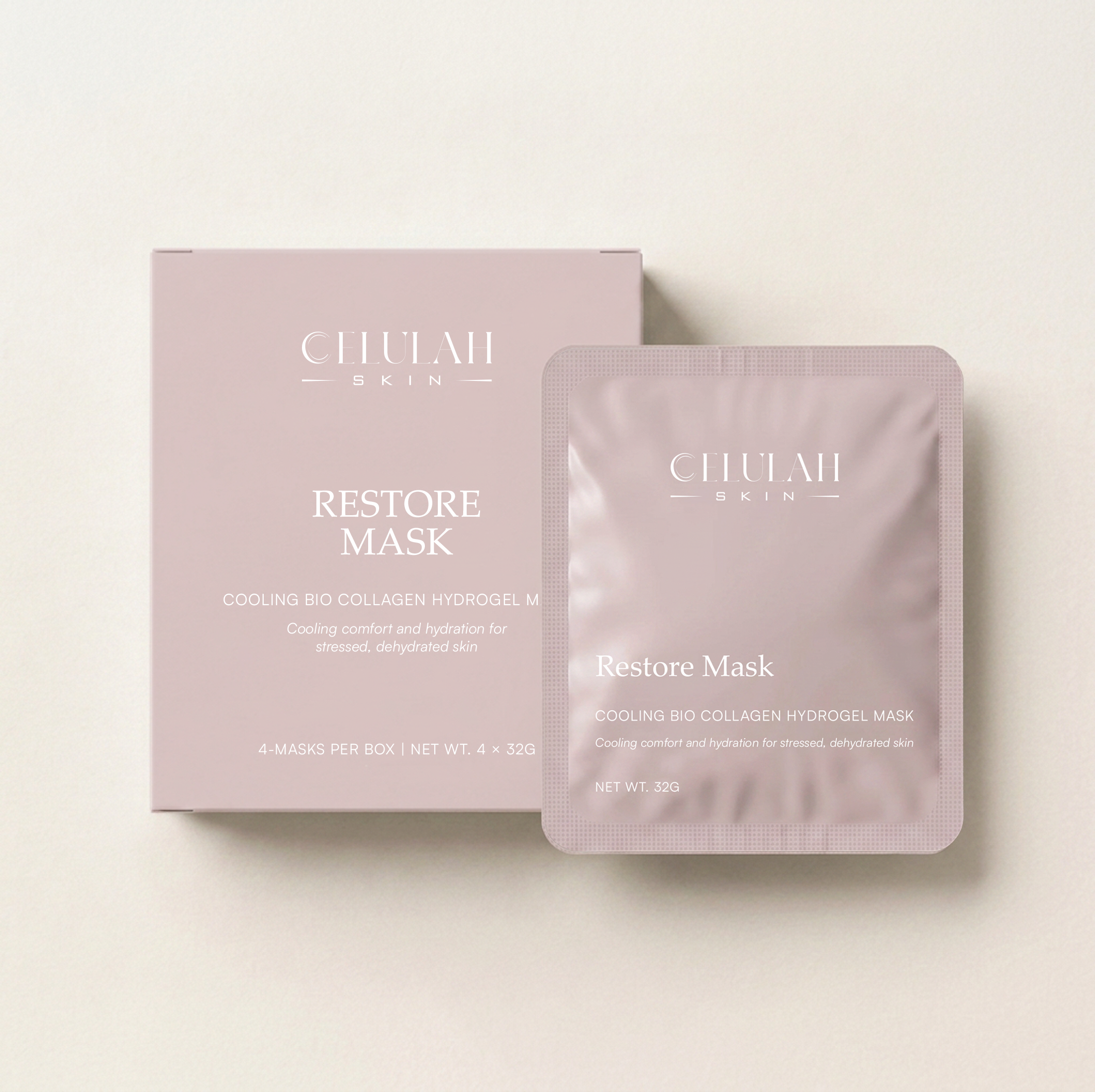 Celulah Restore Mask box and sachet on cream background, cooling bio collagen hydrogel mask box of 4