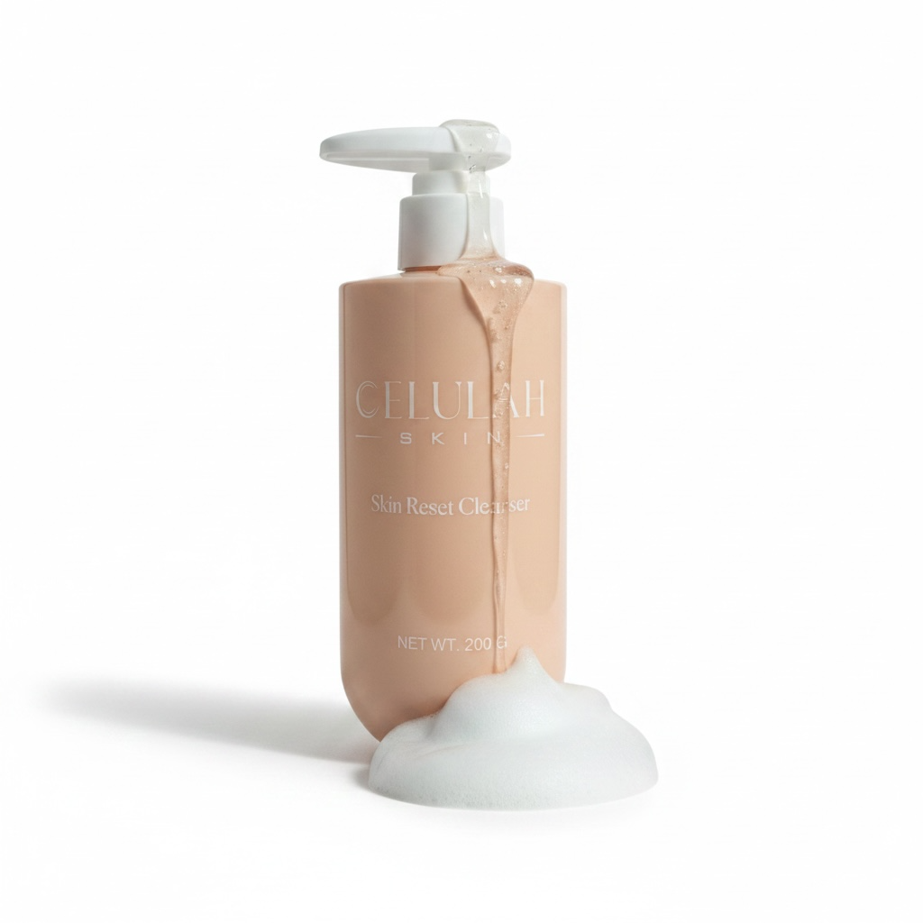 Celulah Skin Reset Cleanser pump bottle with foam lather on white background, gentle foaming cleanser